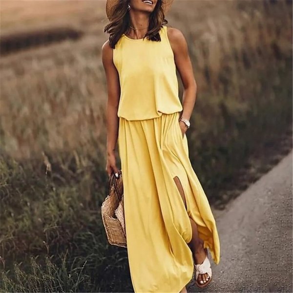 Casual Elastic Waistband Pockets Maxi Dress