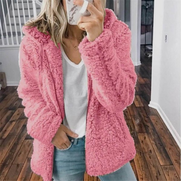 Women's Autumn Winter Long Sleeve Thick Hooded Fleece Open Stitch Coat Jacket Cardigan