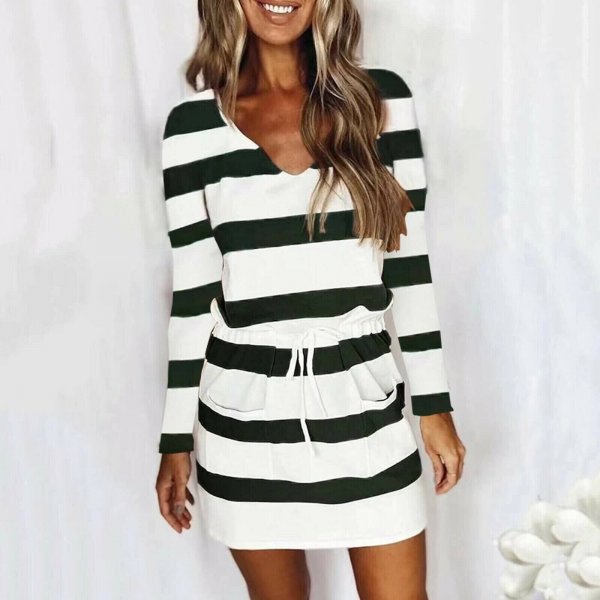 Sex V-Neck Loose Print Striped Long-Sleeved Dress With Pockets